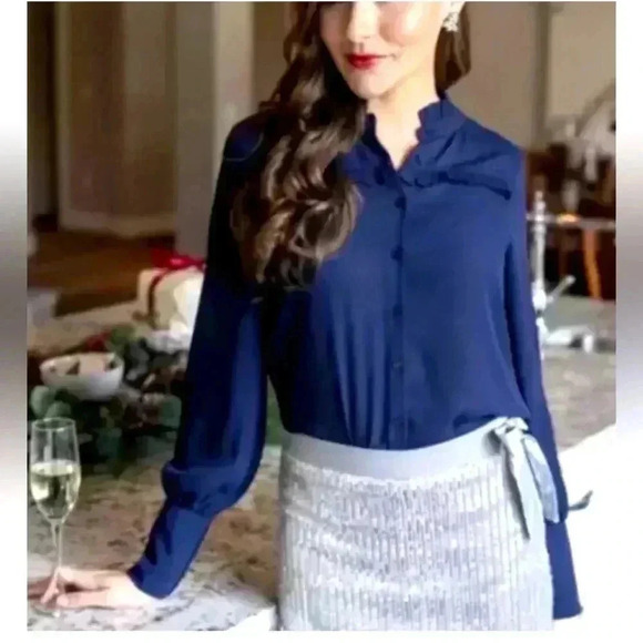 Evy's‎ Tree The Madison Navy Blue Ruffle Long Sleeve Blouse Shirt Size M New - Picture 1 of 4